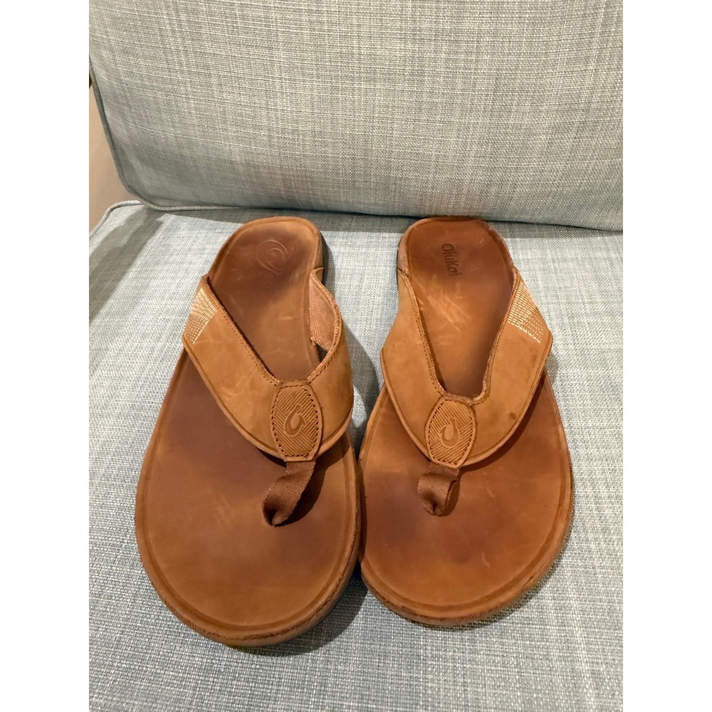 OluKai Hiapo Men 11 Leather Flip Flop Sandals Toffee Brown 10465 Handcrafted